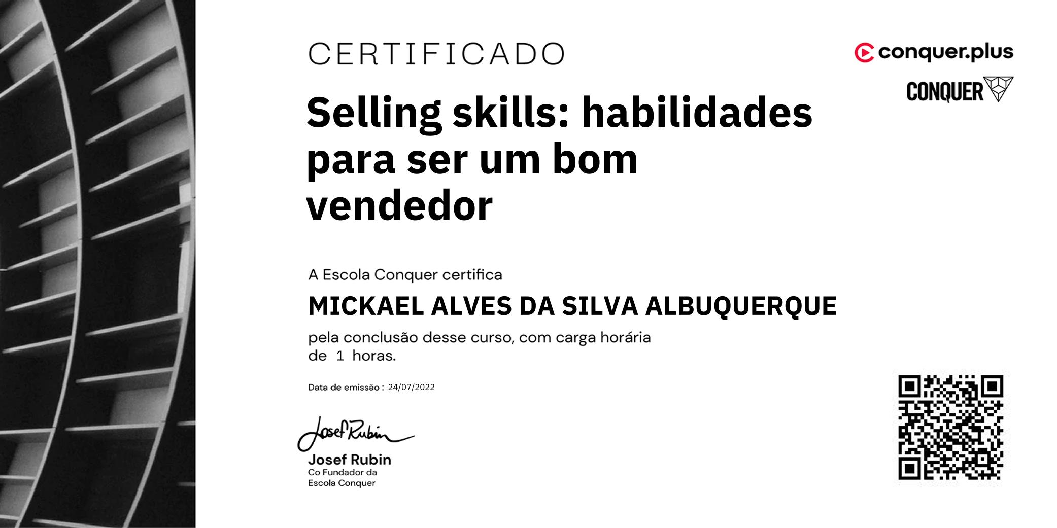 Certificado de Selling skills: habilidades para ser um bom vendedor